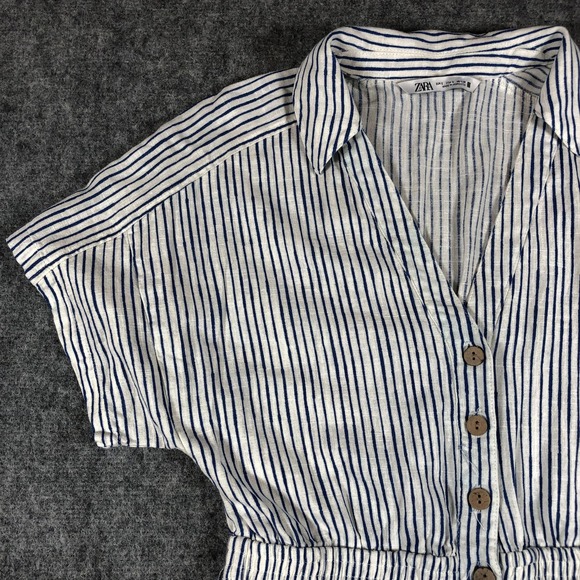 Zara Women's Romper Size Small White Blue Stripe Linen Blend Button Front - Picture 12 of 16